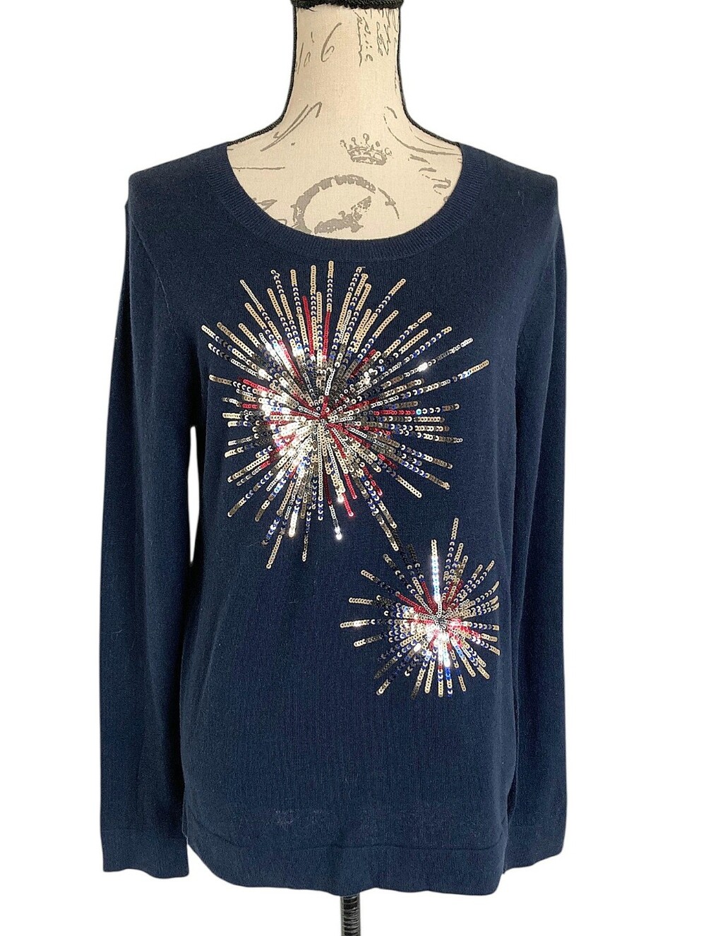 J.Crew Sequin Fireworks Sweater Size M Navy Blue 100% Cotton NWT Preppy